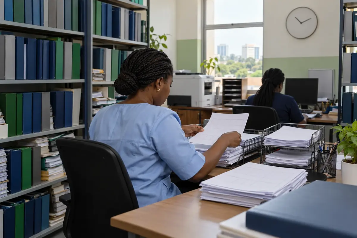 Illustrative photo: a hospital records and billing office, with shelves of blue and green patient folders and a clerk in scrubs sorting forms at her desk.