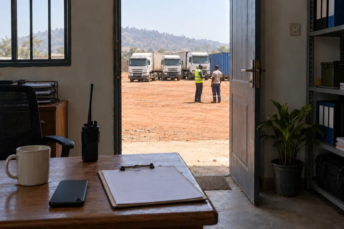 Illustrative photo: the view from a transport company's dispatch office, past a desk with a clipboard and a radio, to trucks parked in a dusty yard where two staff talk.