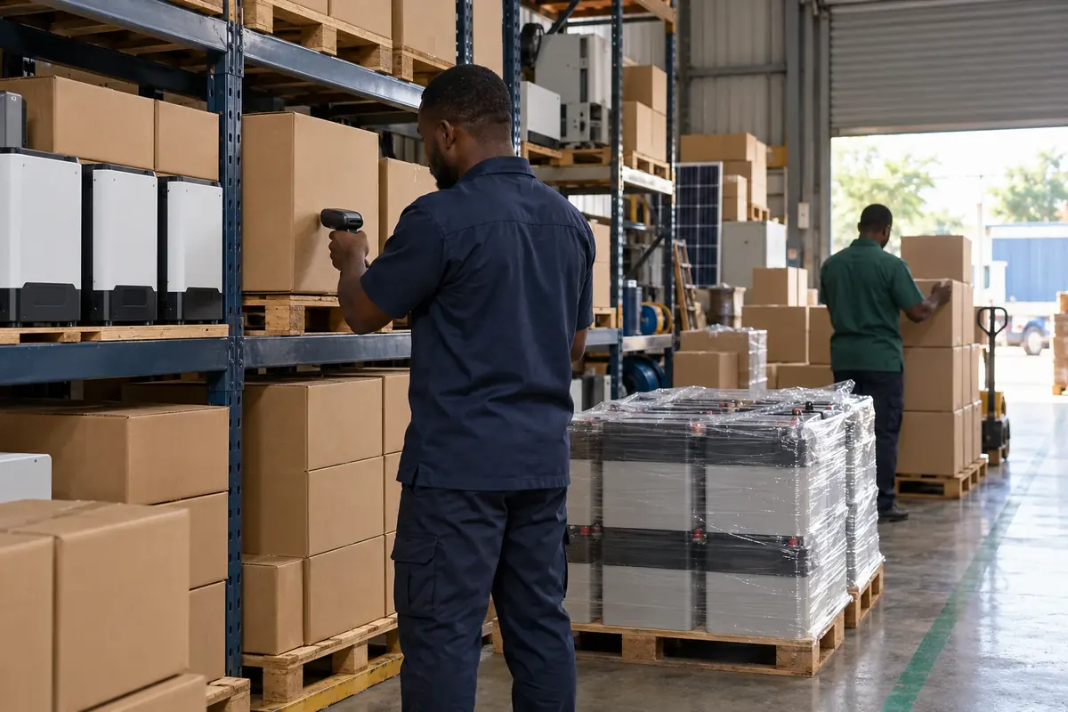 Illustrative photo: a distribution warehouse with shelves of boxed stock and inverters, where one worker scans a box and another stacks cartons by the loading door.