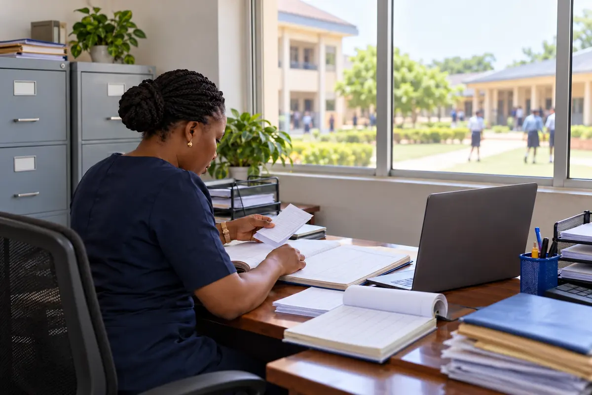 Illustrative photo: a school bursary office in the morning, where the bursar checks receipts against a ledger while pupils cross the school grounds outside.