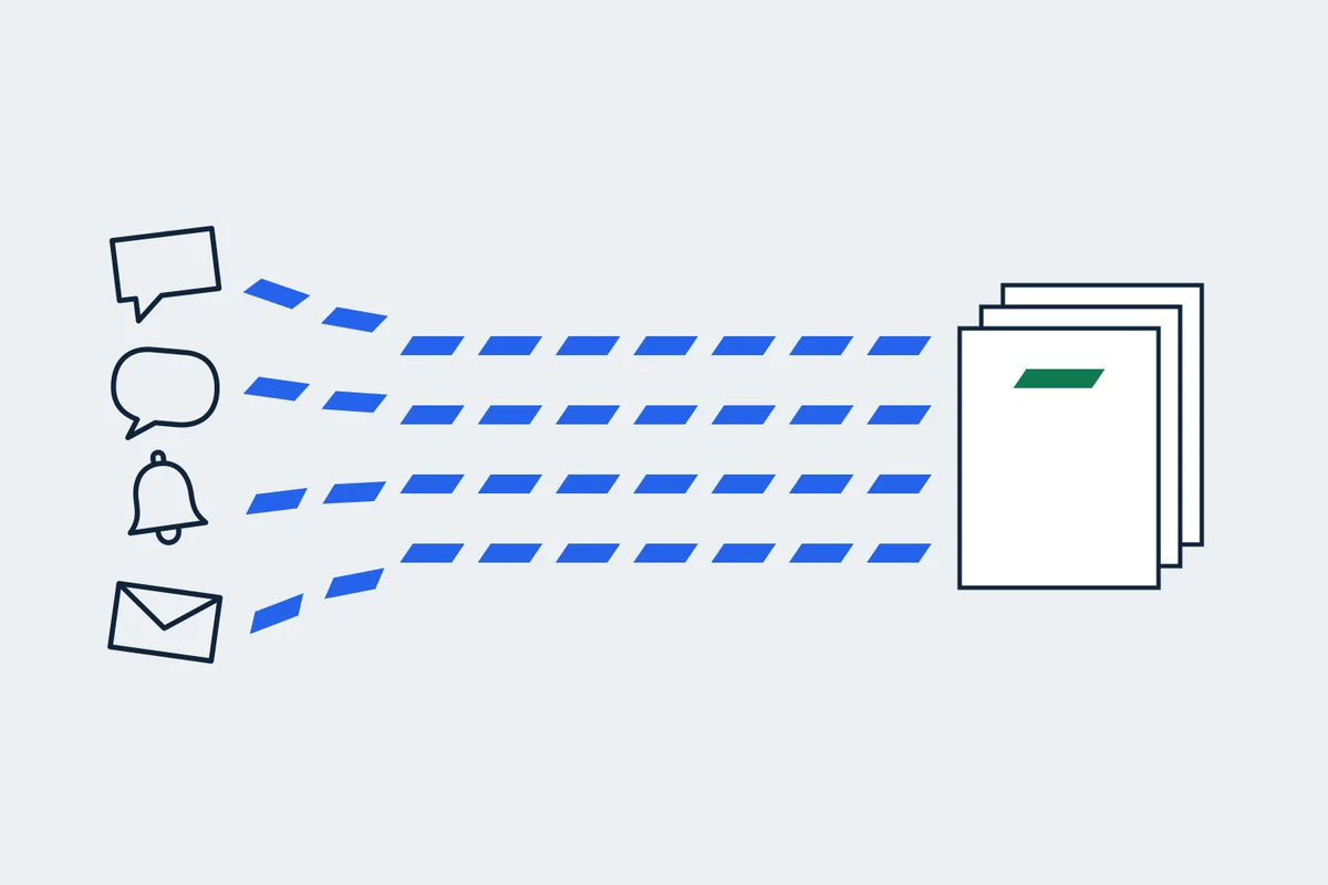 Illustration: chats, messages, alerts and emails flow along slanted bars into a single stack of documents.